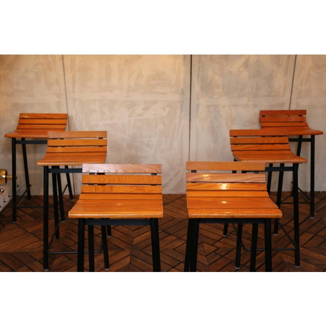1960s Set of Six Mid-Century Modern Oak & Steel Bar Stools, 1960s For Sale - Image 5 of 18