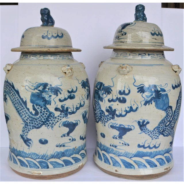 Contemporary Chinoiserie Blue and White Dancing Dragon Ginger Jars - a Pair For Sale - Image 9 of 10