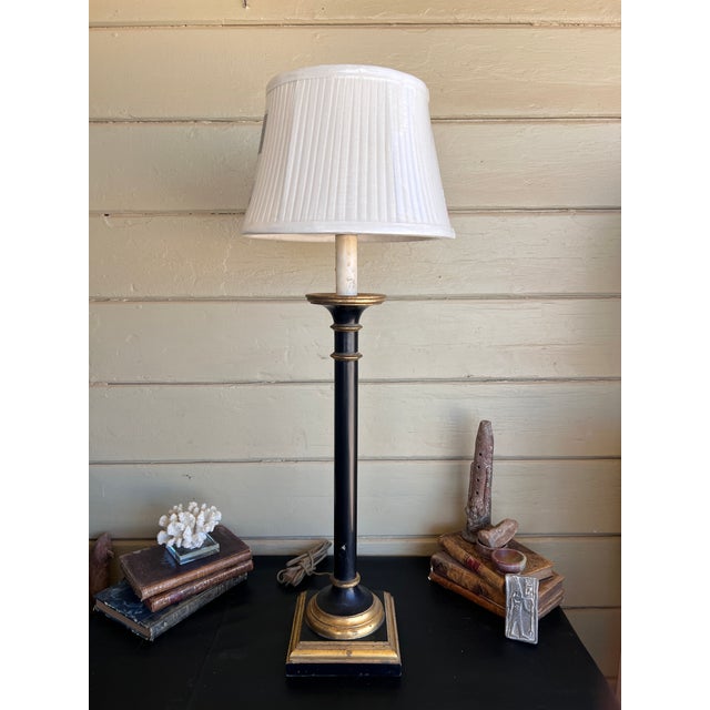 1950s Vintage Italian Wooden Ebonized & Parcel Gilt Tall Table Lamp With New Drum Shade For Sale - Image 5 of 15