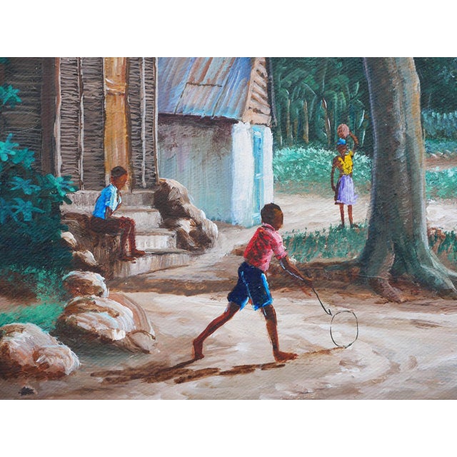 Jean-Felix Defournoy Modern Green & Brown Rural Village Landscape Painting with Playing Children, Late 20th Century For Sale - Image 11 of 12