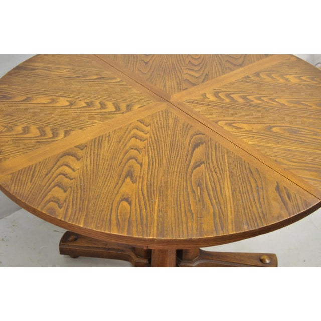 Wood Vintage Mid Century Modern Oak Sunburst Round Extension Pedestal Dining Table For Sale - Image 7 of 18
