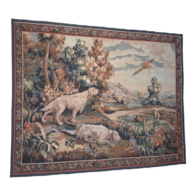 Vintage Hunting Scene Tapestry Wall Hanging With Dogs & Pheasant For Sale