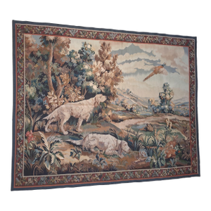 Vintage Hunting Scene Tapestry Wall Hanging With Dogs & Pheasant