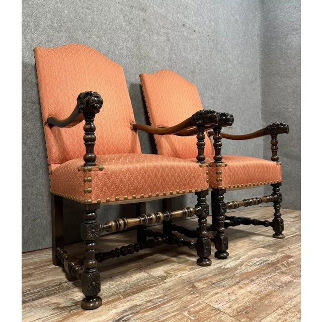 Set of Louis XIII Style Armchairs in Carved Walnut, 1850s For Sale - Image 3 of 6
