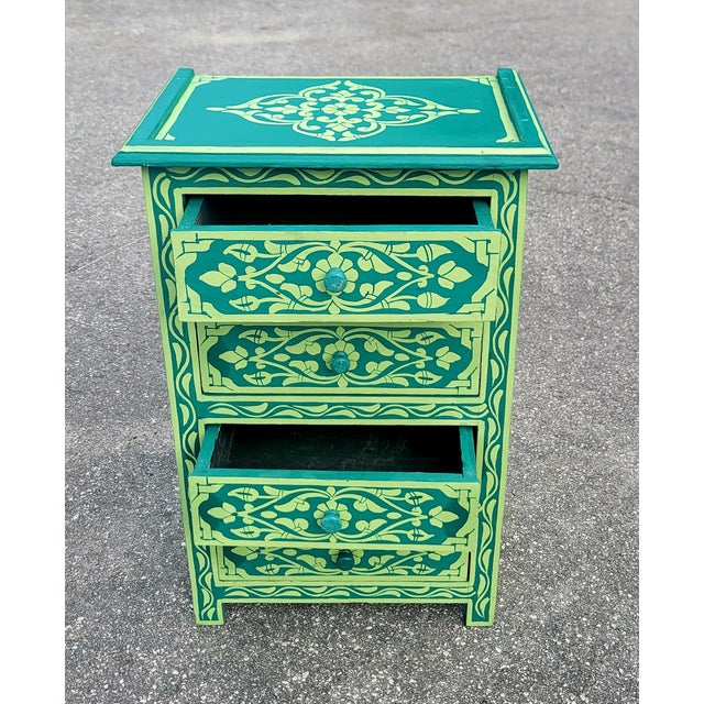 Hand‑Painted Moroccan Nightstand / Green Zoua9 Woodwork For Sale - Image 4 of 7