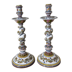 Vintage Hand-Painted Majolica Ceramic Candlestick Holders ~ a Pair