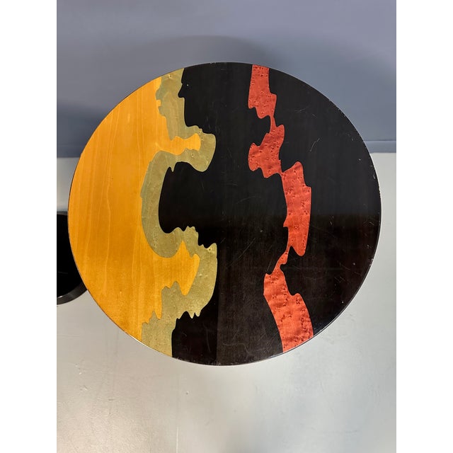 Black 1990s Pair Carlo Malnati Style Post Modern Side Tables With Inlay Wood Tops For Sale - Image 8 of 9