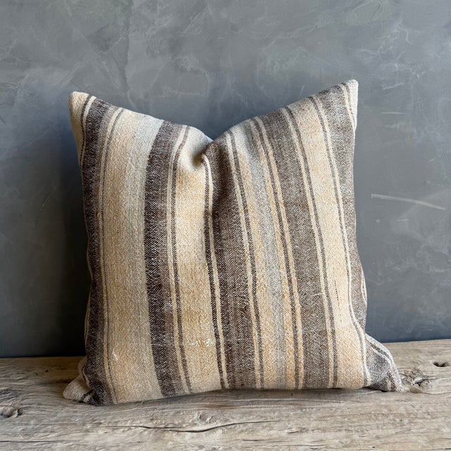 Rustic European Vintage Turkish Rug Hemp Pillow With Down Insert 22" X 22" For Sale - Image 3 of 6
