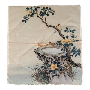 19th Century Japanese Textile Panel With Finches at Birdbath
