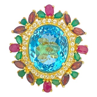 Bochic "Orient" Vintage Ruby, Garnet & Emerald Ring Set In 18 K Gold & Silver For Sale