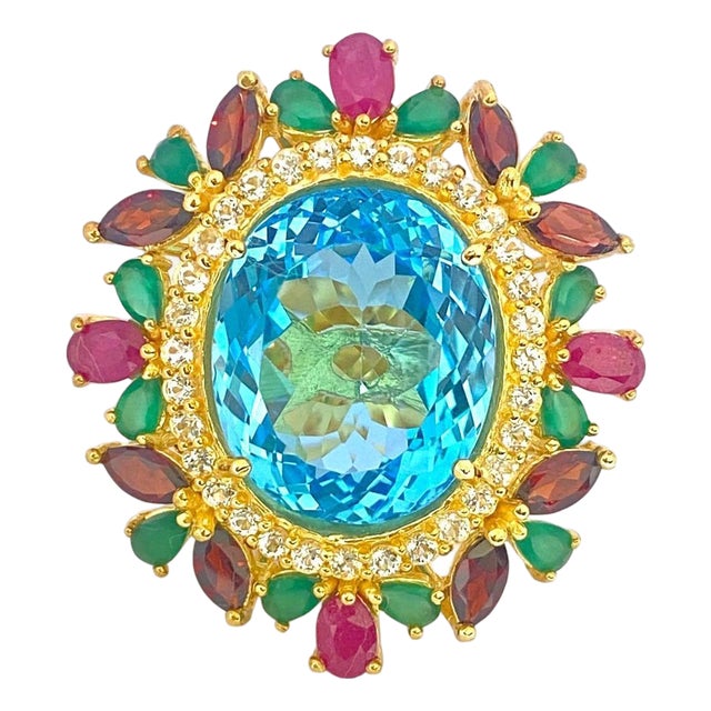 Bochic "Orient" Vintage Ruby, Garnet & Emerald Ring Set In 18 K Gold & Silver For Sale