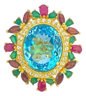 Bochic "Orient" Vintage Ruby, Garnet & Emerald Ring Set In 18 K Gold & Silver