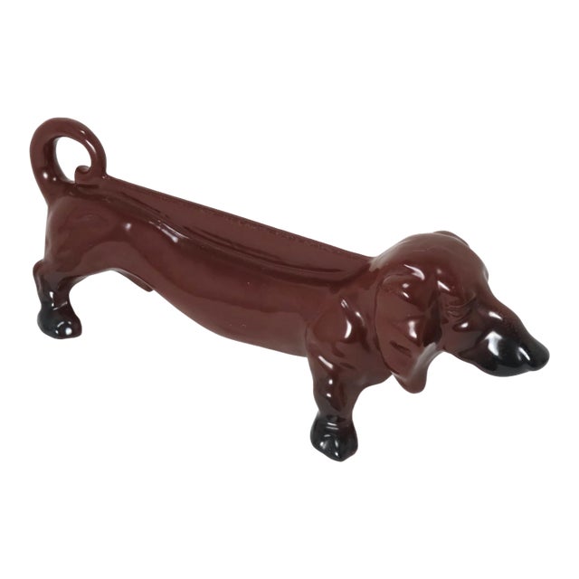 Vintage Porcelain Decorated on Cast Iron Dachshund Boot Scraper & Doorstop For Sale