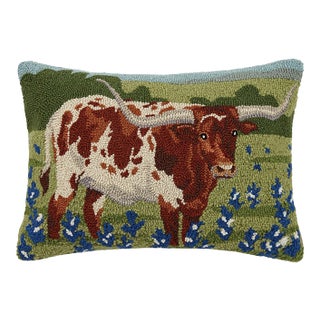 Longhorn in Blue Bonnets Field Hook Pillow, 16" x 22" For Sale