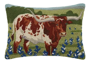 Longhorn in Blue Bonnets Field Hook Pillow, 16" x 22"