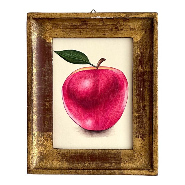 Original Hand-Painted Apple Painting, Framed in a Vintage Italian Frame For Sale