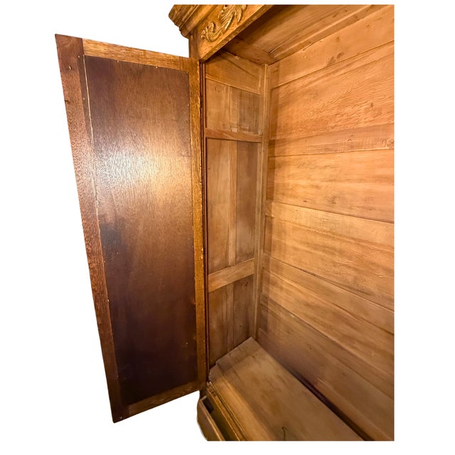 Brass **Antique Oak Wardrobe Armoire**Massive Storage Space**Carved Wood Ornate Hardware** For Sale - Image 8 of 12