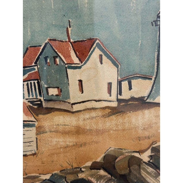1970s 1970s Watercolor Painting of a Lighthouse Overlooking Sailboats in a Wood Frame For Sale - Image 5 of 10