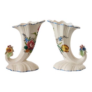 Italian Faience Cornucopia Vases - A Pair For Sale