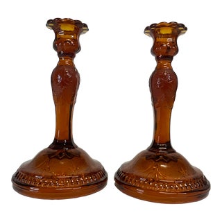 1940s Depression Era Amber Pressed Indiana Glass Company Candle Holders - a Pair For Sale