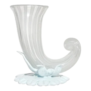 Venini Bianconi Murano Signed Vintage Zanfirico Ribbons Pasta White Italian Art Glass Cornucopia Vase