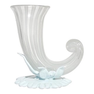 Vintage Venini Bianconi Murano Signed Zanfirico Ribbons Pasta White Italian Art Glass Cornucopia Vase For Sale