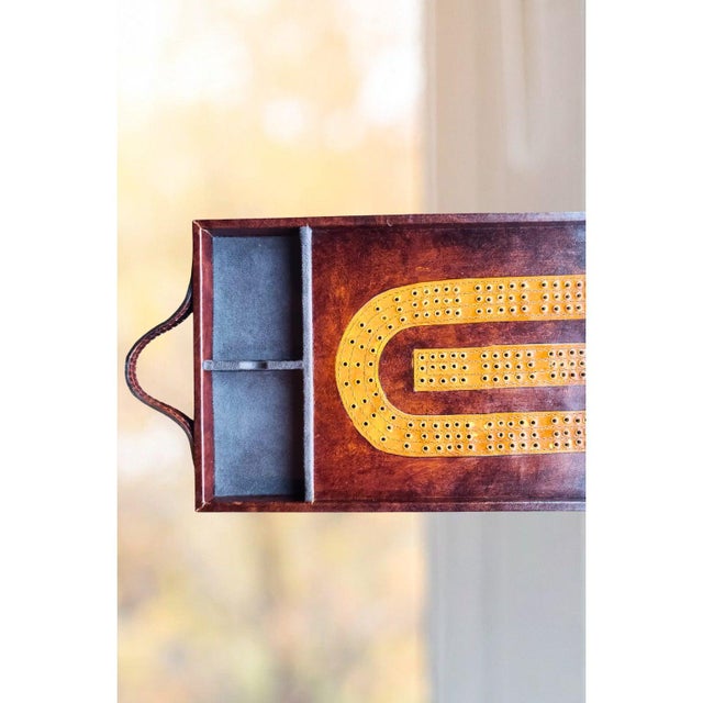 Animal Skin Vintage Pottery Barn Leather Cribbage Board | 1980s Chocolate Travel Game Case For Sale - Image 7 of 7