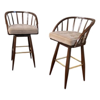 1960s Edward Wormley for Dunbar Sculptural Walnut Swivel Bar Stools in Mohair – Fully Restored Pair For Sale