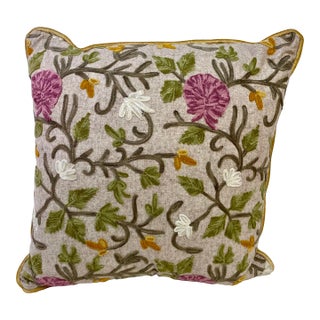 Square Pillow With Purple and White Embroidered Floral Pattern, Made in U K For Sale