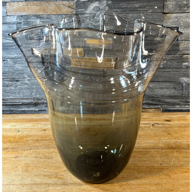Contemporary Casamotion Smokey Gray Art Glass Vase With Swirl Design and Ruffled Lip For Sale - Image 3 of 12