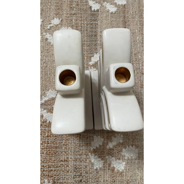Pair of Vintage Cream Geneva Porcelain-Art Deco Pottery-MCM Candle HOLDERs For Sale - Image 9 of 12