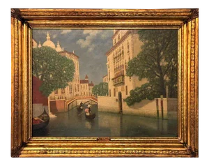 Gulbrand Sether Signed Norwegian American Oil on Canvas of a Venice Canal