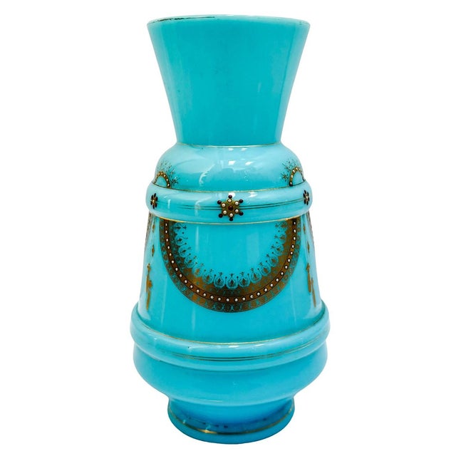 Acquired in Paris, this 19th-century Napoleon III-era "blue celeste" opaline glass vase features hand-painted intricate,...