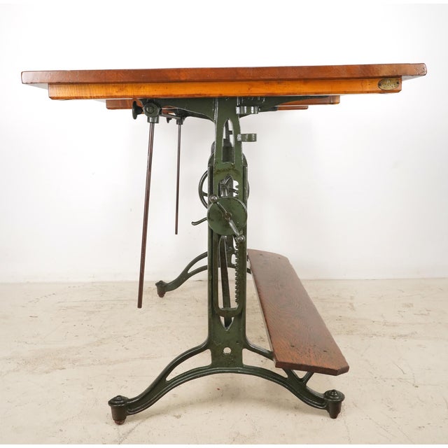 Brown Mid 20th Century Reproduction Solid Wood Cast Iron Drafting Table For Sale - Image 8 of 10
