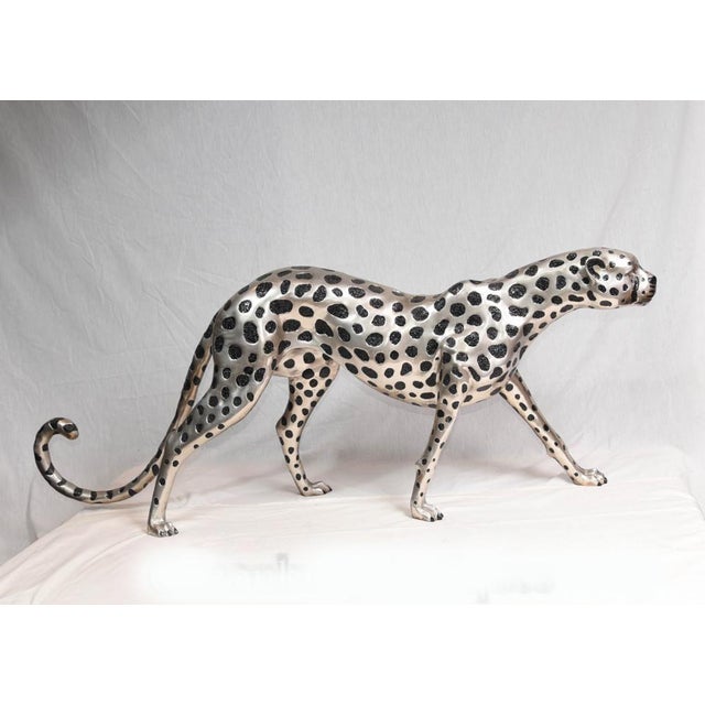 Art Deco Silver Plate and Bronze Cheetah Cat in Statue, 1980s For Sale - Image 3 of 16