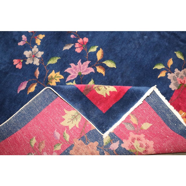 1930s Antique Zabihi Collection Bright Navy Pink Chinese Art Deco Carpet - 8'10" x 11'7" For Sale - Image 5 of 9