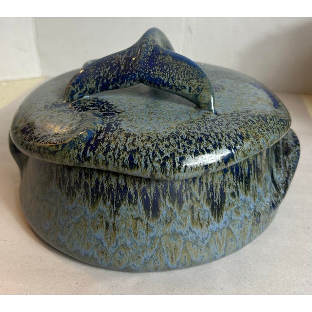 Figurative Vintage Artisan Drip Glaze Pottery Doug Wylie Original Clayfish Design Whale Themed Casserole Dish For Sale - Image 3 of 12