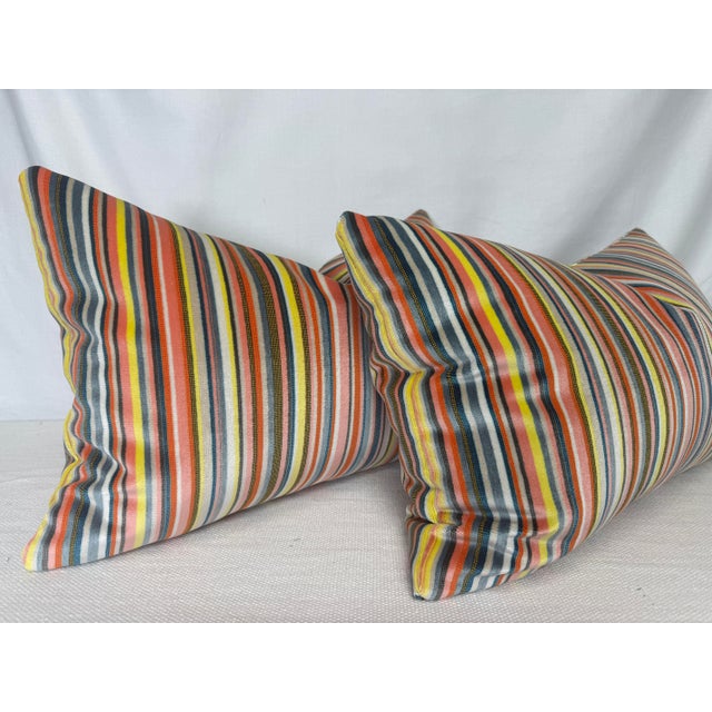 Custom pair of 14"x 22" pillows covered in a striped indoor/outdoor velvet fabric. These pillows are knife edged, have...