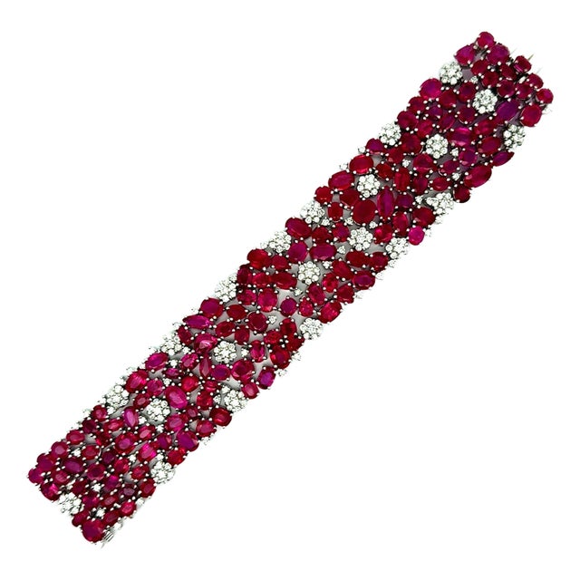 Wide Ruby Diamond 18k White Gold Cluster Bracelet For Sale