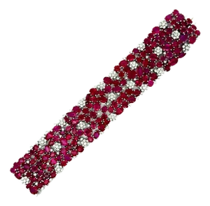 Wide Ruby Diamond 18k White Gold Cluster Bracelet