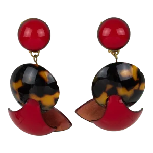 Cilea Paris Dangle Red and Faux Tortoise Resin Pair of Clip Earrings
