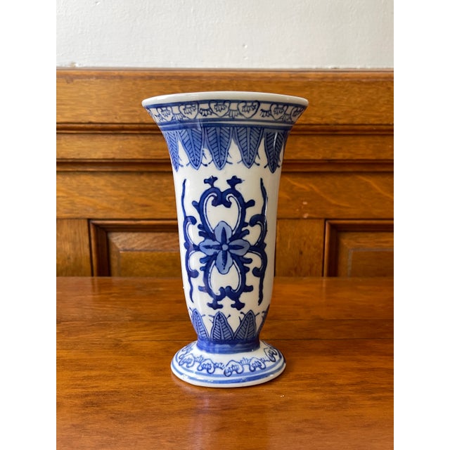 Ceramic Vintage Tall Blue & White Vase For Sale - Image 7 of 7