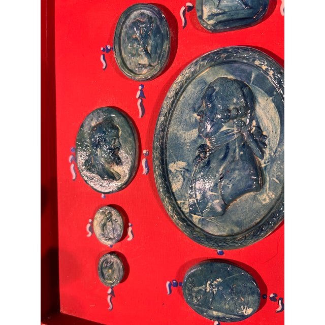 Pair of Neoclassical Grand Tour Style Faux Blue Faience Intaglio Set in Hand Painted Red & Blue Frames For Sale - Image 9 of 12
