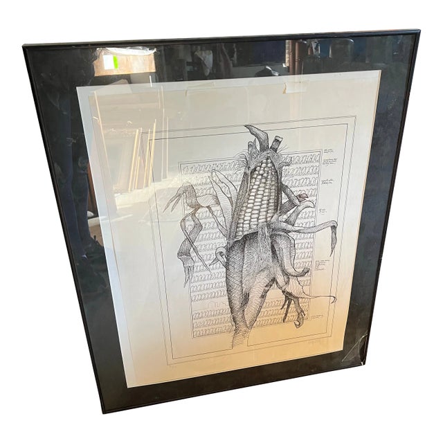 1970s Black and White Corn Print Art Signed, Framed For Sale