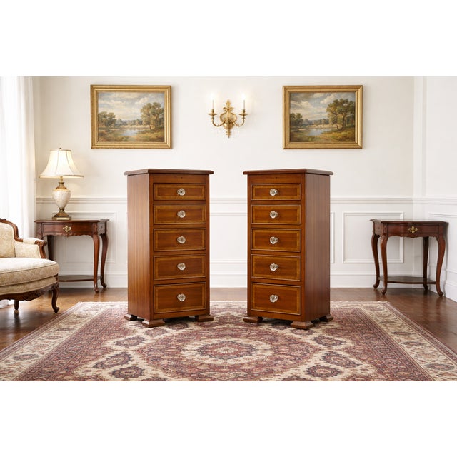 Elegant pair of Early 20th Century Federal Style Mahogany Cabinets. Each stand has five dovetailed drawers with glass...