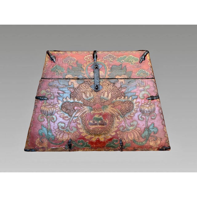 Chinese Large Certified Antique Red Lacquer Chinese Trapezoid Dragon & Cloud Box / Iron Bound Wood Chest With Original Iron Fittings For Sale - Image 3 of 10
