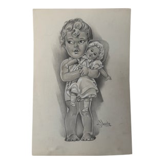 1940s Original Signed Graphite Illustration of Child Holding Doll, 12 × 8.25 In. For Sale
