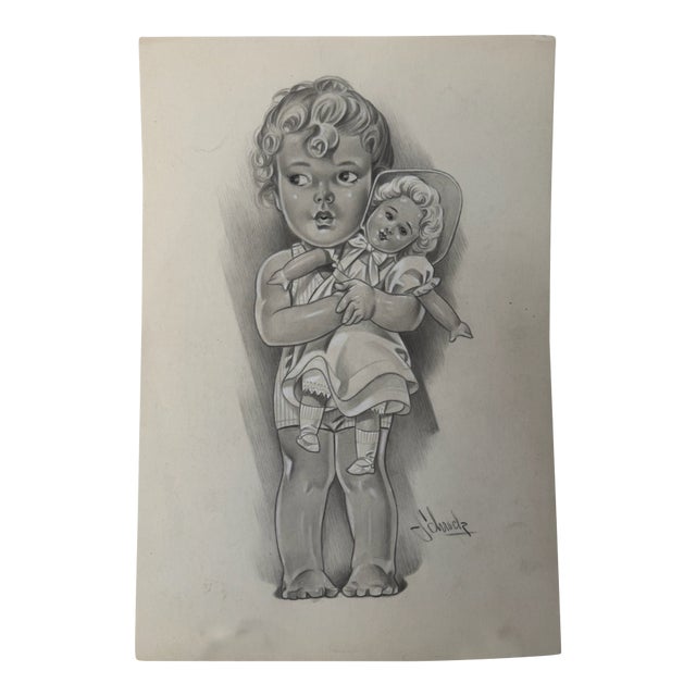 1940s Original Signed Graphite Illustration of Child Holding Doll, 12 × 8.25 In. For Sale