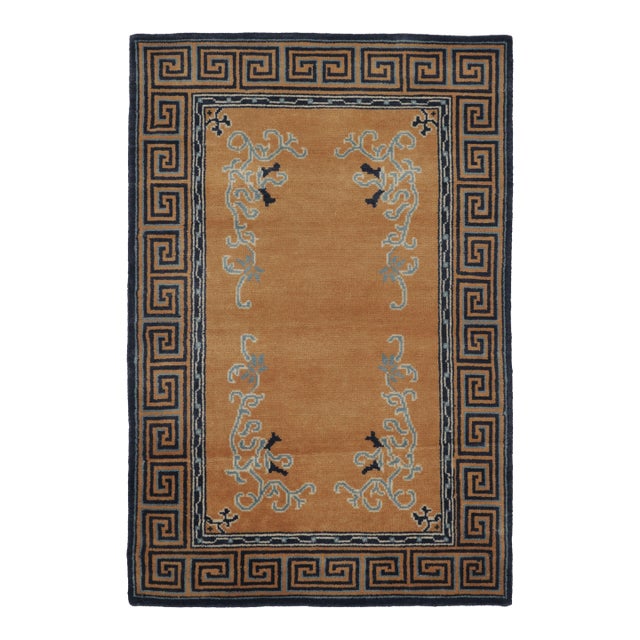 Rug & Kilim’s Chinese Art Deco Inspired Rug, Brown With Greek Key Border For Sale