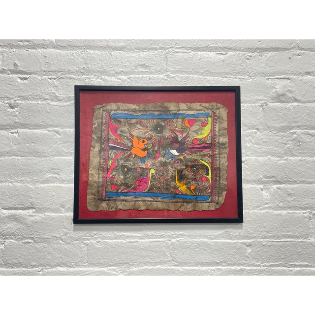 Mid Century Modern bird painting featuring two vibrant birds meeting among swirling flowers and leaves in this lively...